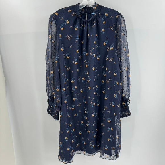 Draper James Floral Midi Dress Sheer Chiffon Swiss Dot Feminine Mock Neck Shift - Picture 2 of 7